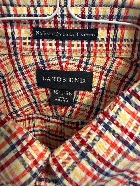 Lands' End Men’s Red and Blue Plaid Button-Down Oxford Shirt - 100% Cotton - Picture 2 of 8